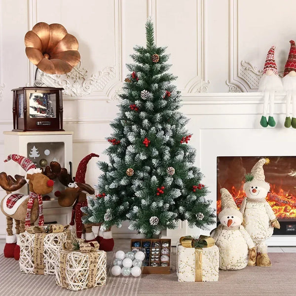 Para árvore de Natal nevosa tingida em PVC de 120 cm com pinhas e vermelha para decoração de shopping ou decoração de casa de Natal